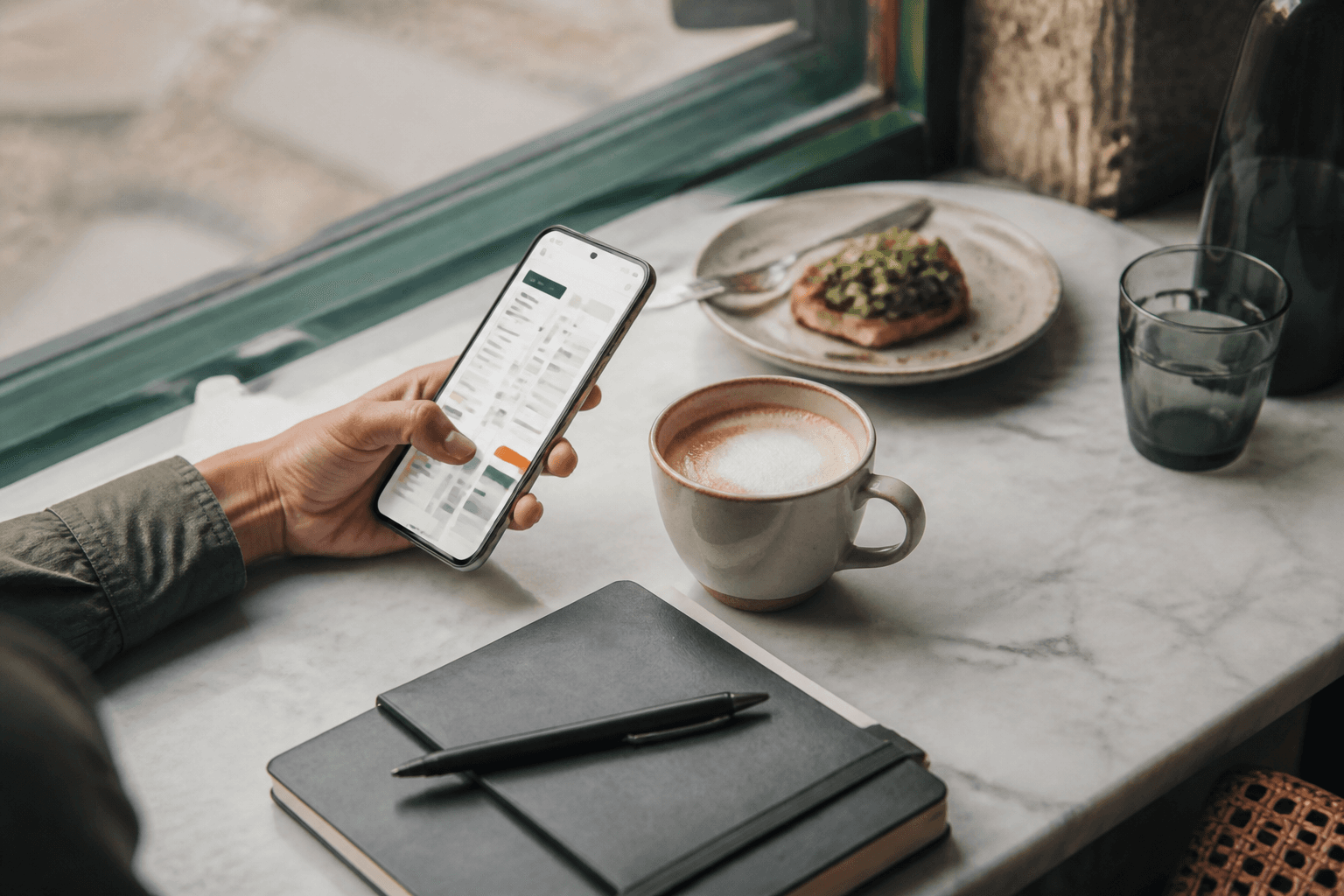 Smartphone su un tavolo mentre si pianifica la settimana del locale