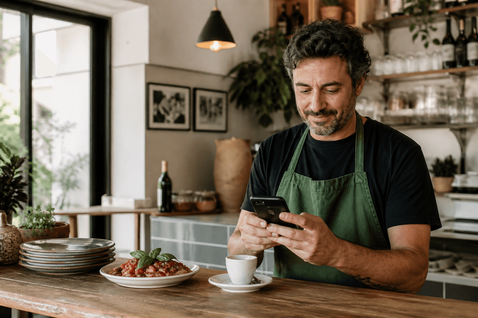 Titolare di un locale che usa lo smartphone al bancone